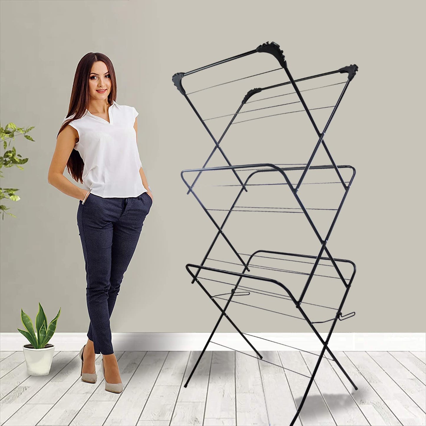 Straame 3 Tier Clothes Airer Drying Indoor and Outdoor Laundry Rack with Non-Slip Feet and Corner Spaces for Hangers, Flat Foldable Space Saving, 63 x 46 138 (Black)