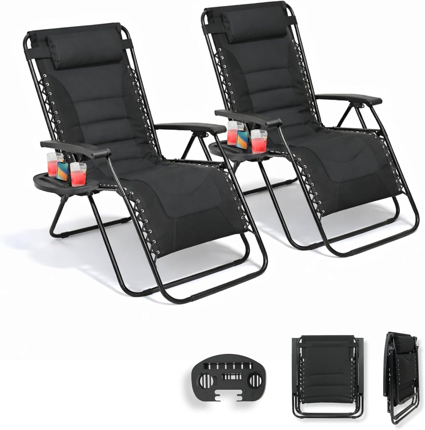 Straame XXL Padded Zero Gravity Chairs Set of 2, Folding Reclining Garden Chairs with Cup Holder Tray, Camping Chair Sun Loungers, Lockable 160° Patio Recliners with Adjustable Headrest(Padded, Black)