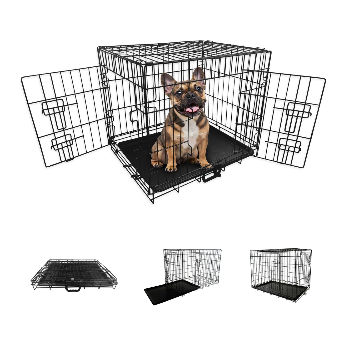 Straame Heavy-Duty Folding Dog Crate for Large Dogs, 92 × 57 × 63 cm (36″) Black Metal Cage with Front & Side Doors, Chew-Resistant, Removable Easy-Clean Plastic Tray & Carry Handle