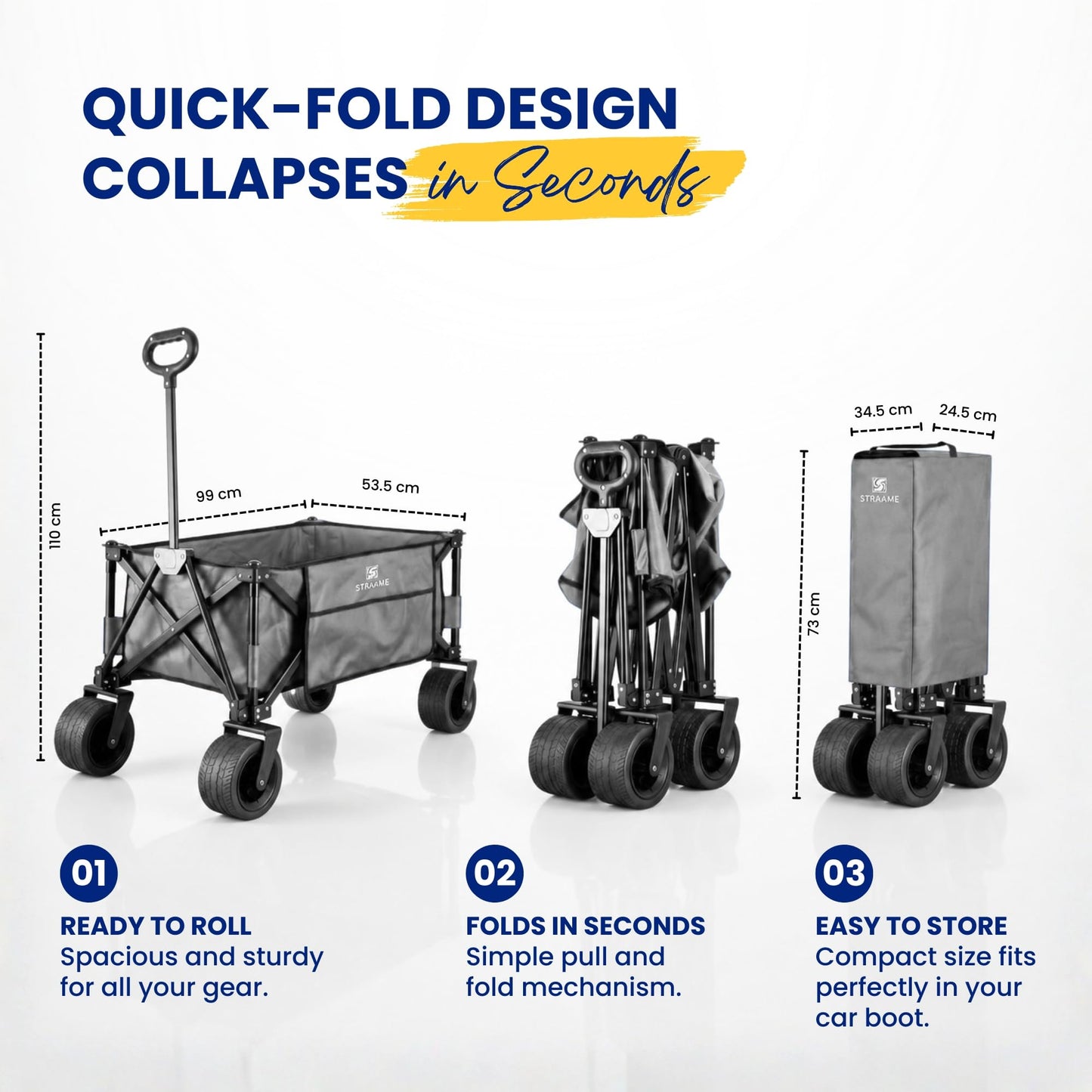 Straame 150L Festival Trolley on Wheels, Folding Camping trolley, Heavy Duty Collapsible Pull Along Beach Garden Shopping Trolly with Adjustable Handle, All Terrain Outdoor Utility Cart (Grey)