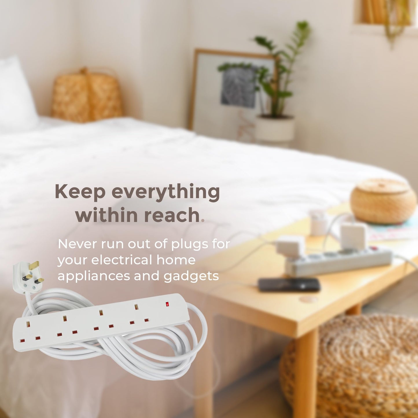 Straame White Extension Lead with 4 Gangs UK Socket Outlet, Secure Power Expansion, Convenient and Slim Socket for Multi-Device Connectivity – 2m Cable - 1 pack