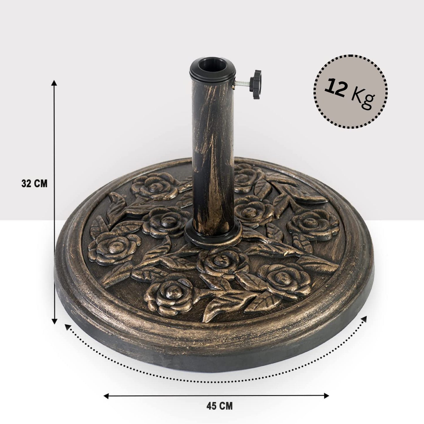 Straame 12KG Cast Iron Effect Garden Parasol Base - With Floral Rose Design - For Outdoor Furniture Umbrella, Canopy - Easy to Assemble, Heavy Duty Weather Resistant (Cast Iron Effect - 12 kg)
