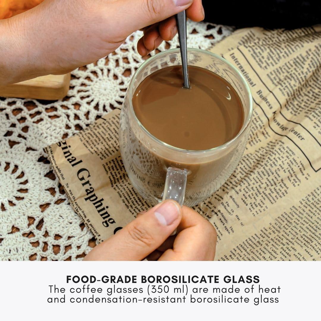 Straame Set of Coffee Glasses, Temperature Resistant Coffee Cups, Stylish Tea and Coffee Pack of Clear Coffee Mugs with Square Handle (350 ml Double wallled 2PK)