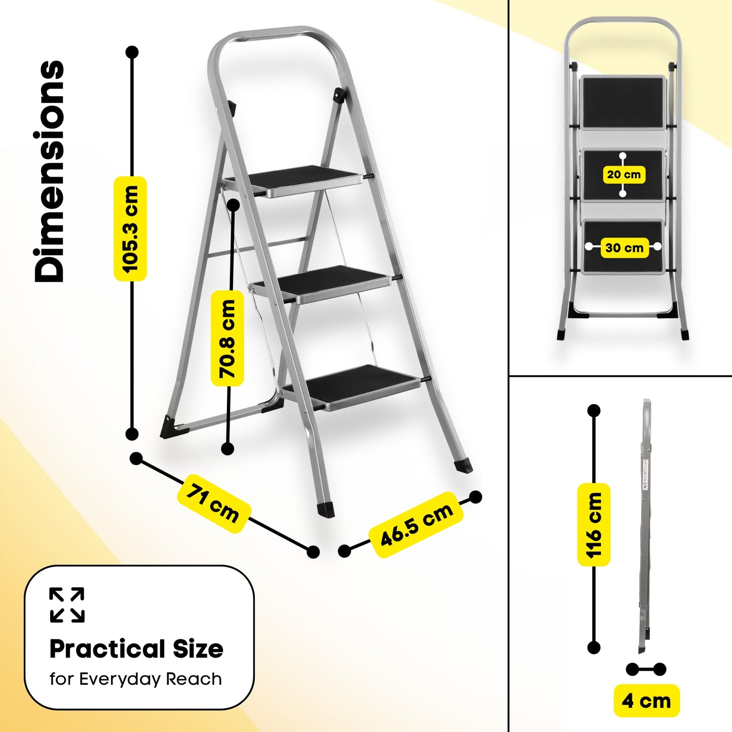 Straame 3 Step Ladder, Slimline Folding Step Ladder with Anti Slip Feet, 150 kg Capacity, Durable Steel Stepladder, Foldable Step Stool for Adults, Home Kitchen Garage Garden Caravan DIY Cleaning