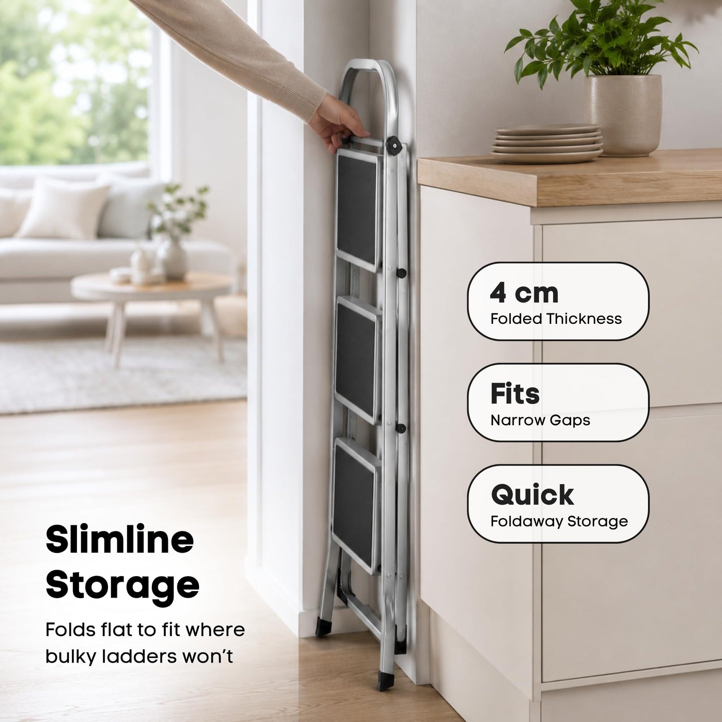Straame 3 Step Ladder, Slimline Folding Step Ladder with Anti Slip Feet, 150 kg Capacity, Durable Steel Stepladder, Foldable Step Stool for Adults, Home Kitchen Garage Garden Caravan DIY Cleaning