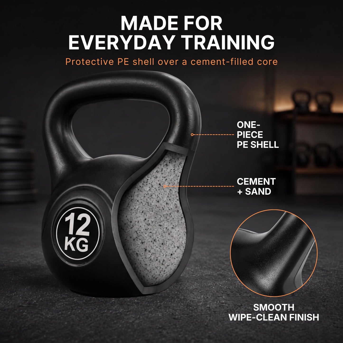 Lockie Fitness Kettlebell Weight, 12 Kg Cement-Filled Kettle Bell, Black