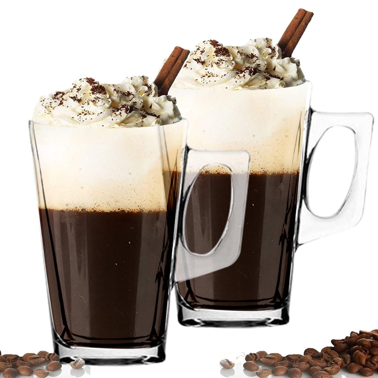 Straame - Set of 6 Latte Glasses, 240 ml Temperature Resistant - Stylish Coffee/Tea Cups, Hot Drink Cafe Mugs - Ideal for Ice Cream Latte, Espresso, Cappuccino & Hot Chocolate -Mugs with Handle