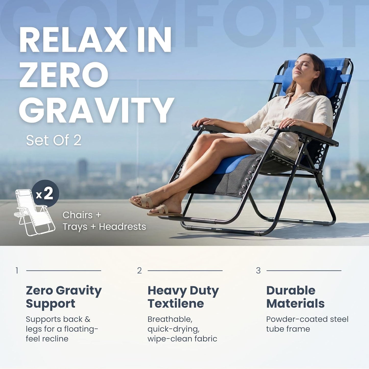Straame XXL Padded Zero Gravity Chairs Set of 2, Folding Reclining Garden Chairs with Cup Holder Tray, Camping Chair Sun Loungers, Lockable 160° Patio Recliners with Adjustable Headrest (Padded, Navy)