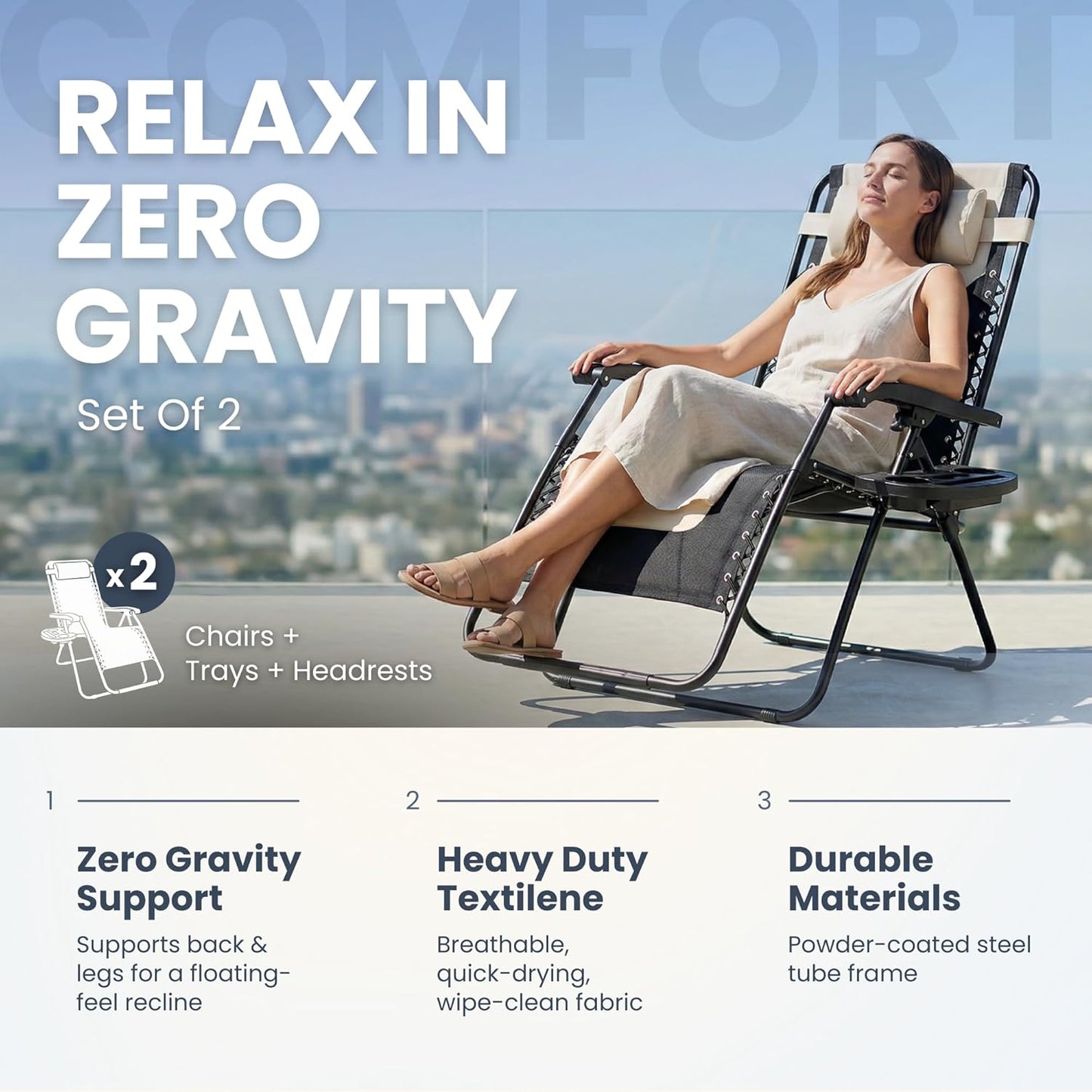 Straame XXL Padded Zero Gravity Chairs Set of 2, Folding Reclining Garden Chairs with Cup Holder Tray, Camping Chair Sun Loungers, Lockable 160° Patio Recliners with Adjustable Headrest(Padded, Cream)