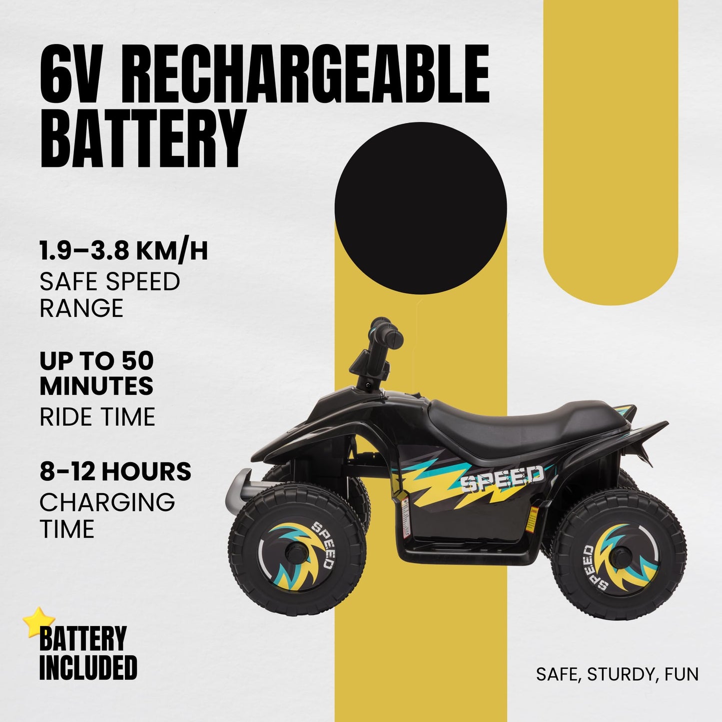 Straame 6V Electric Ride-On Quad Bike ATV for Toddlers Ages 18-36 Months, Forward/Reverse, 4-Wheel Design, 1.9-3.8 km/h Speed, 72×40×45.5 cm (Black)