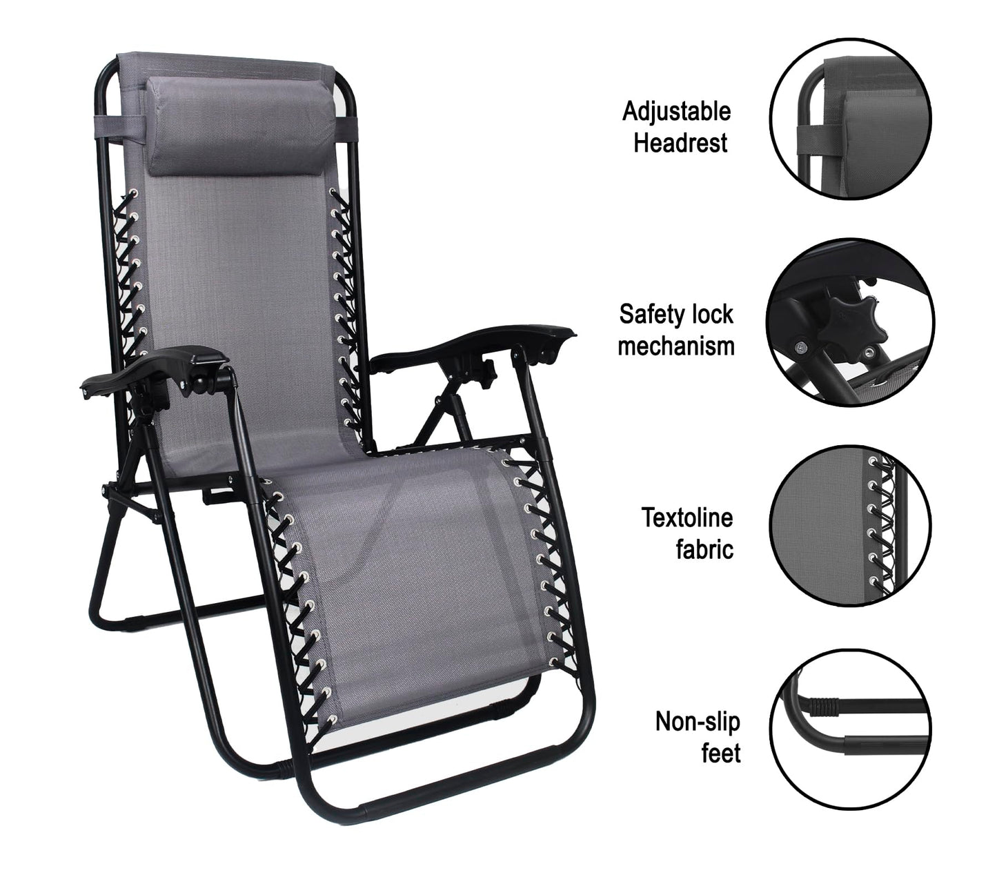 Straame Garden | Zero Gravity Chair | Set of 1 | Heavy Duty Textoline | Outdoor & Garden Sunloungers | Reclining & Folding Chair with Headrest Pillow (Premium, Grey)