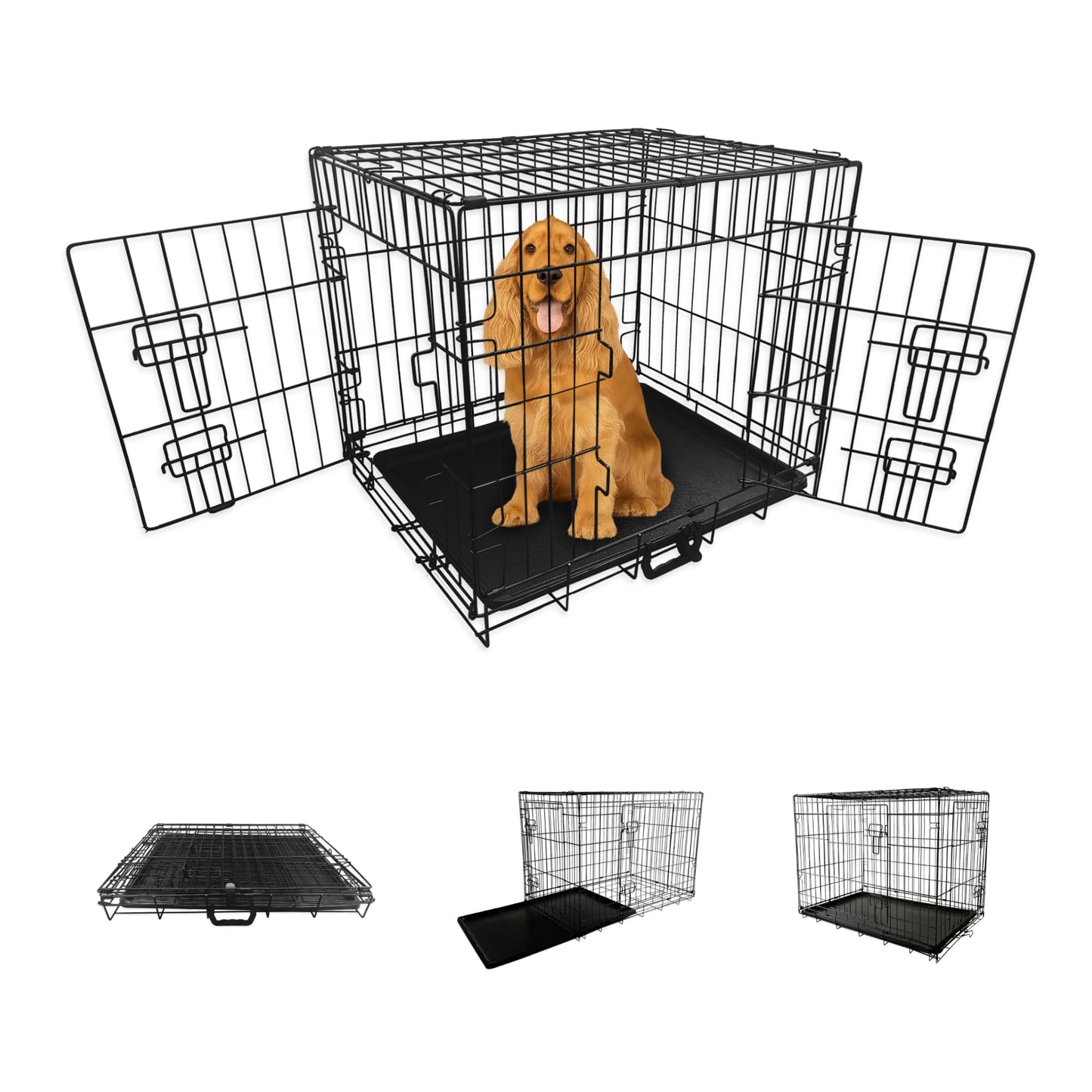 Straame Heavy-Duty Folding Dog Crate 30 inch for Medium Dogs, 78 x 46 x 53 cm Black Metal Wire Pet Cage with 2 Doors, Secure Sliding Latches, Removable Leak-Proof Tray, Carry Handle, Fold-Flat Design