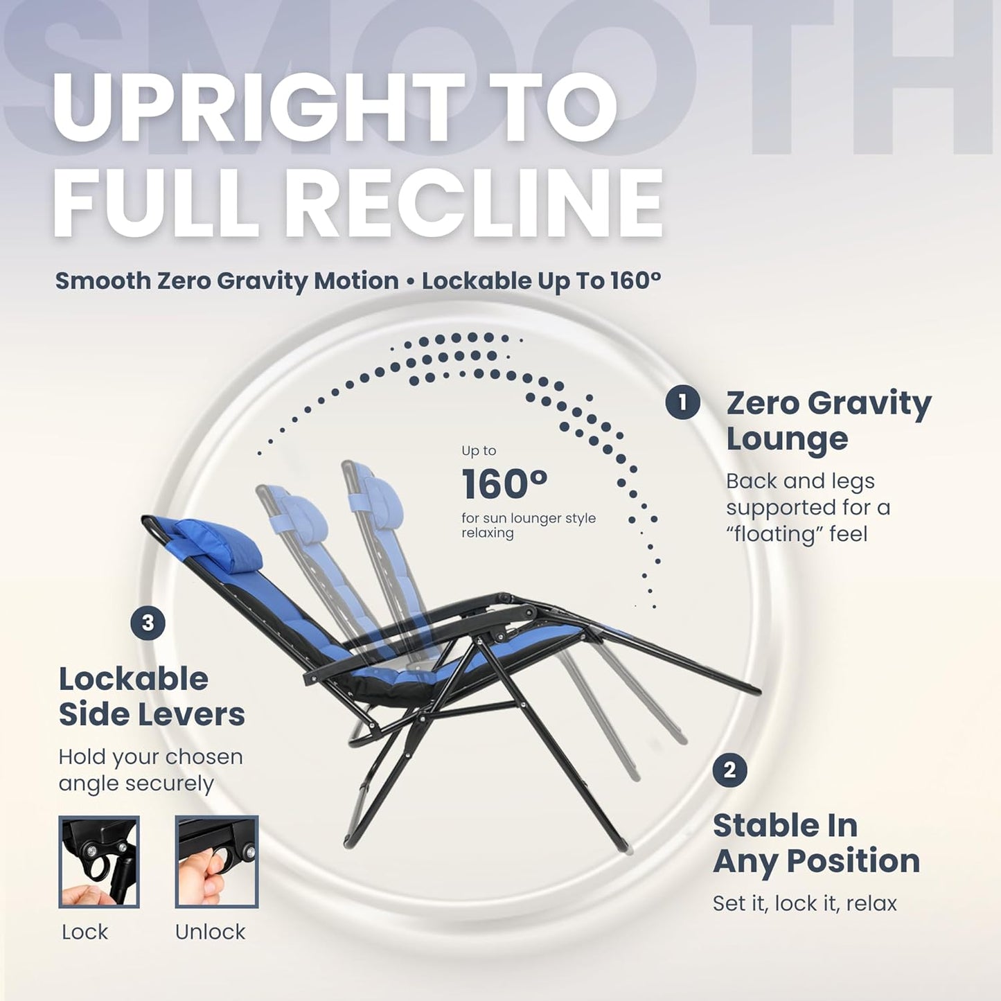 Straame XXL Padded Zero Gravity Chairs Set of 2, Folding Reclining Garden Chairs with Cup Holder Tray, Camping Chair Sun Loungers, Lockable 160° Patio Recliners with Adjustable Headrest (Padded, Navy)