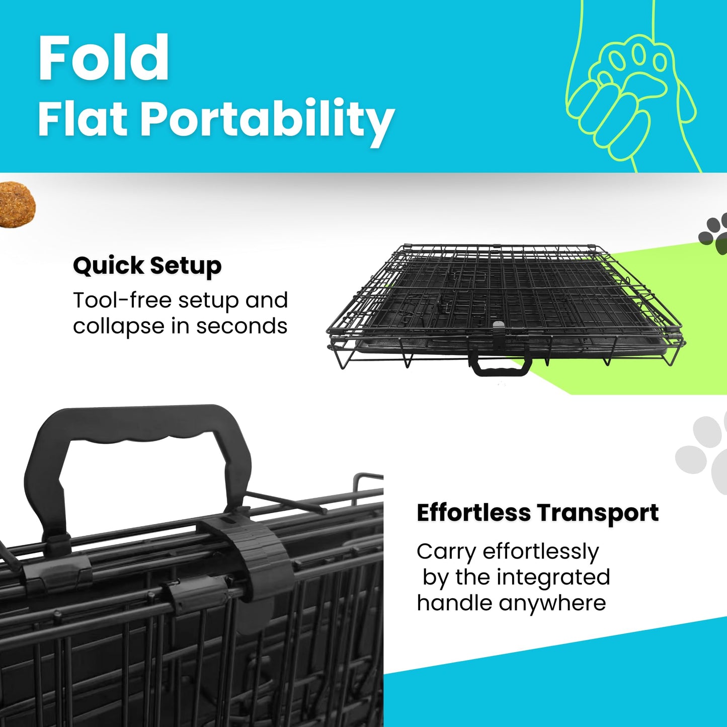 Straame Heavy-Duty Folding Dog Crate 24 inch for Small Dogs, 60 x 40 x 50 cm Black Metal Wire Pet Cage with 2 Doors, Secure Sliding Latches, Removable Leak-Proof Tray, Carry Handle, Fold-Flat Design