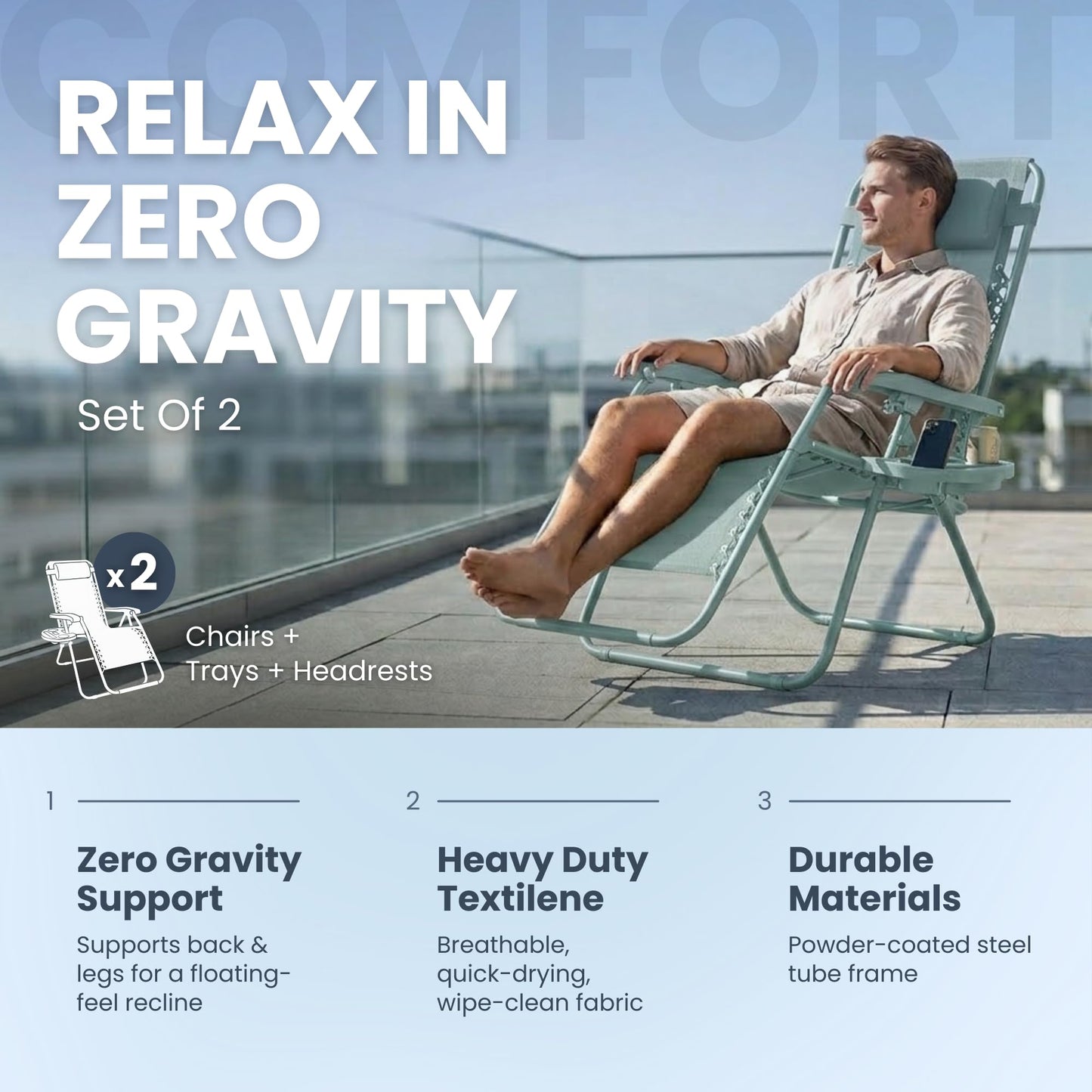 Straame Zero Gravity Chairs Set of 2,Folding Reclining Garden Chairs, Textilene Outdoor Chair, Lockable 170° Sun Loungers for Garden, Steel Frame, 150 kg Max Load (Classic, Mint)