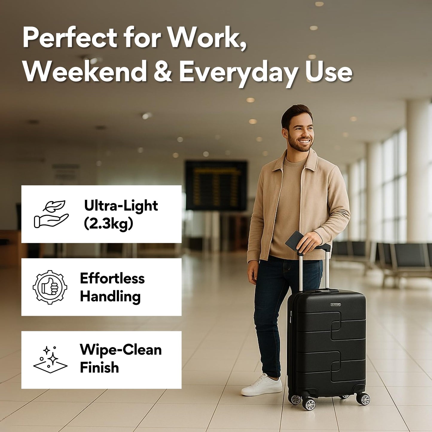 WORLD EXPLORER Cabin Suitcase | ABS Hard Shell with 360° Spinner Wheels & Com-bination Lock | Lightweight Cabin Luggage and Suitcase 34L – Ryanair Priority Size Travel Bag (Black, 55x40x20 CM)