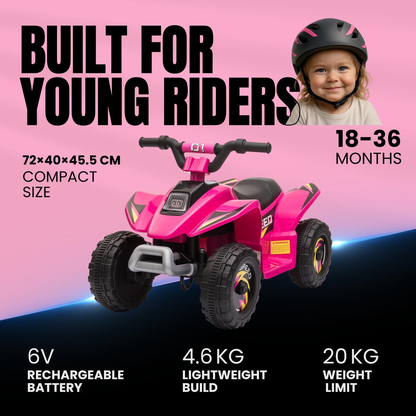 Straame 6V Electric Ride-On Quad Bike ATV for Toddlers Ages 18-36 Months, Forward/Reverse, 4-Wheel Design, 1.9-3.8 km/h Speed, 72×40×45.5 cm (Pink)