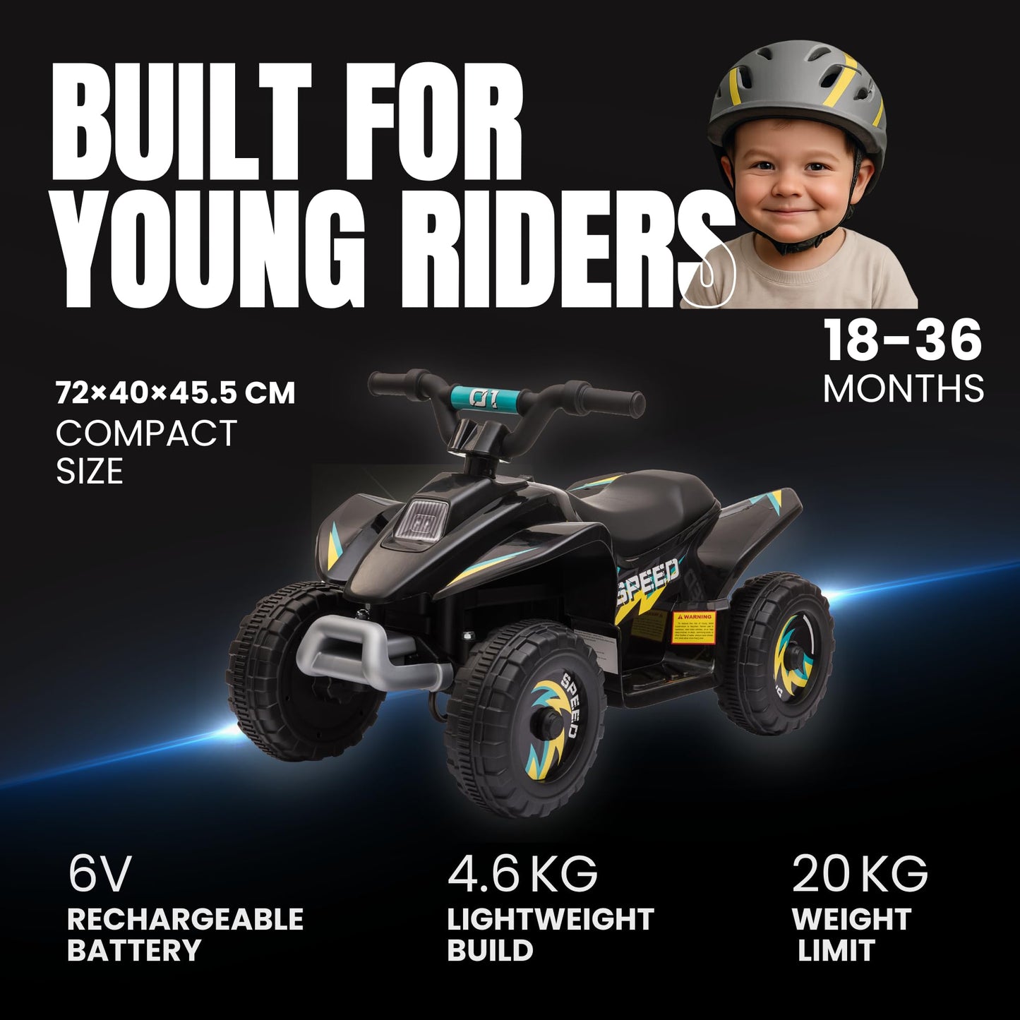 Straame 6V Electric Ride-On Quad Bike ATV for Toddlers Ages 18-36 Months, Forward/Reverse, 4-Wheel Design, 1.9-3.8 km/h Speed, 72×40×45.5 cm (Black)