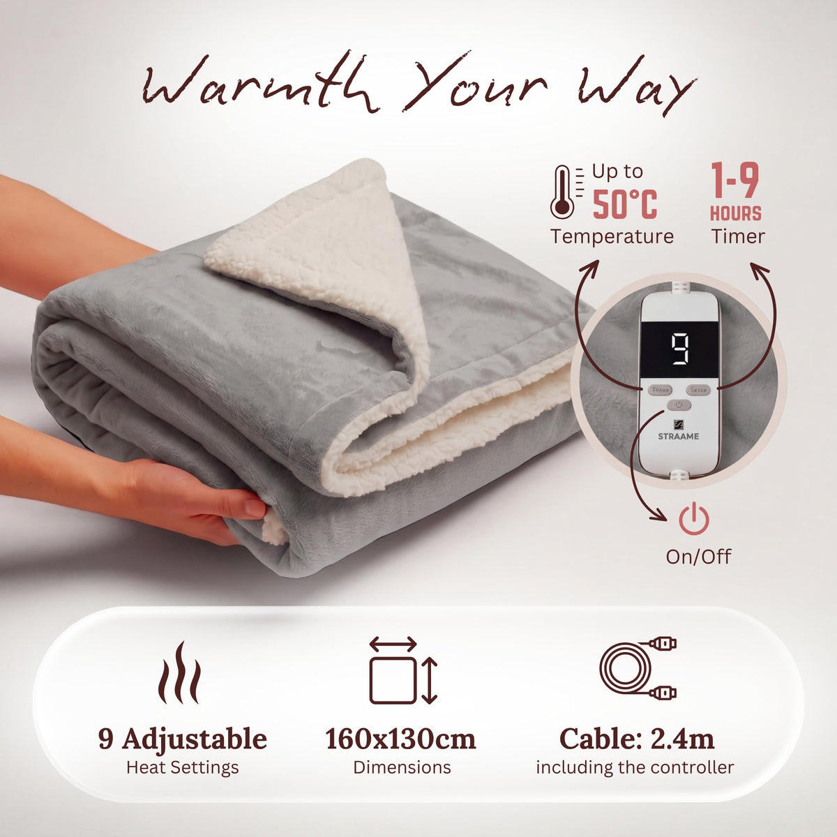Straame Heated Blanket Electric Throw Blanket 160x130cm Pink/Cream