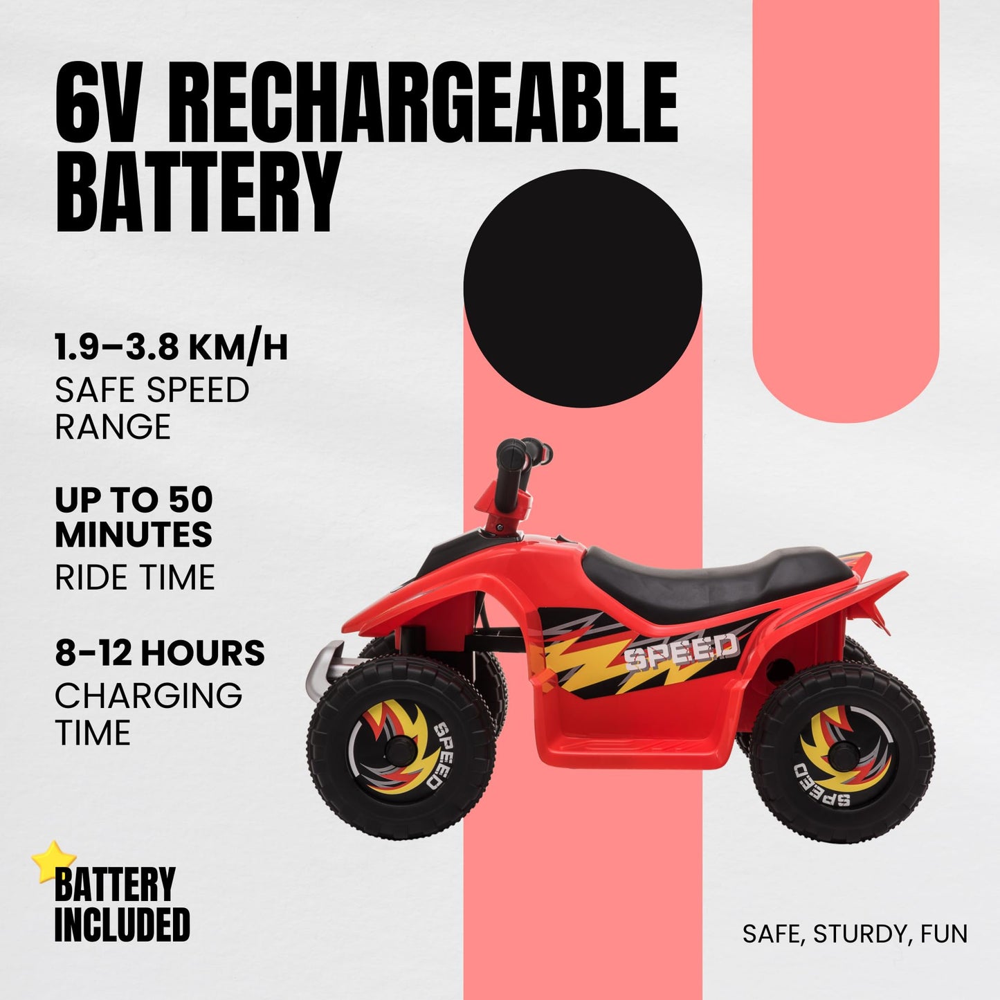 Straame 6V Electric Ride-On Quad Bike ATV for Toddlers Ages 18-36 Months, Forward/Reverse, 4-Wheel Design, 1.9-3.8 km/h Speed, 72x40x45.5 cm (Red)