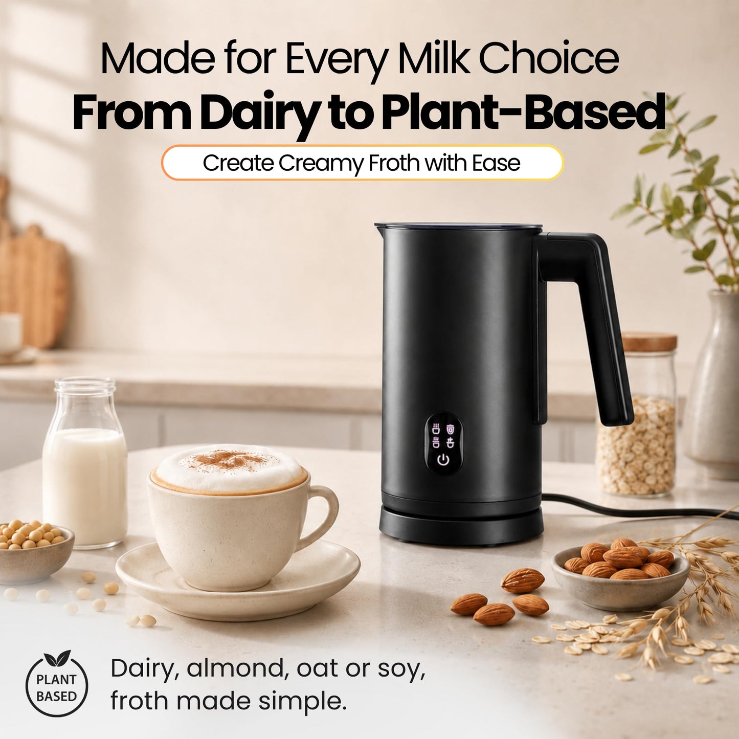 Straame Electric Milk Frother 4-in-1, 300ml Automatic Milk Foamer & Steamer