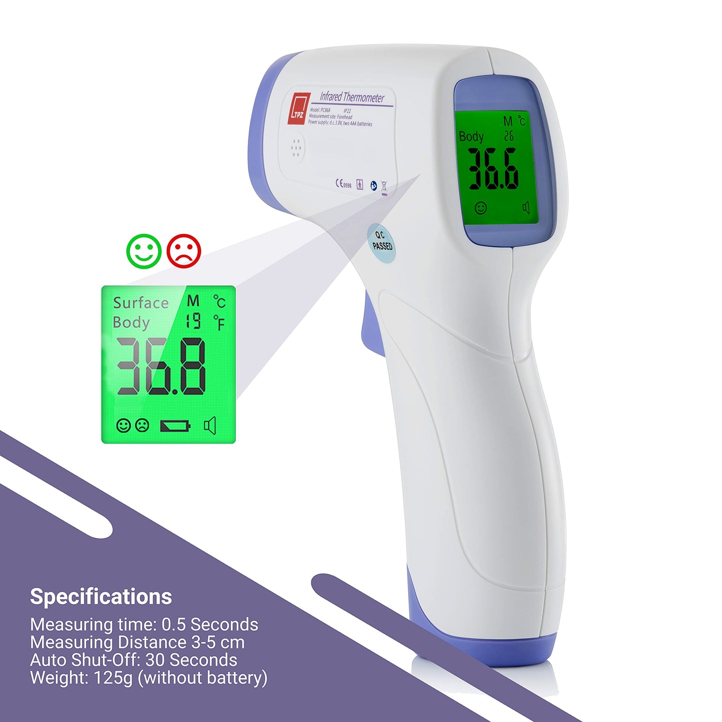 TPZ No Touch Infrared Forehead Thermometer | Non-Contact Digital Thermometer Suitable for Baby and Adult | Instant Temperature Checker | Room, Surface and Body Mode Thermometer | (1)