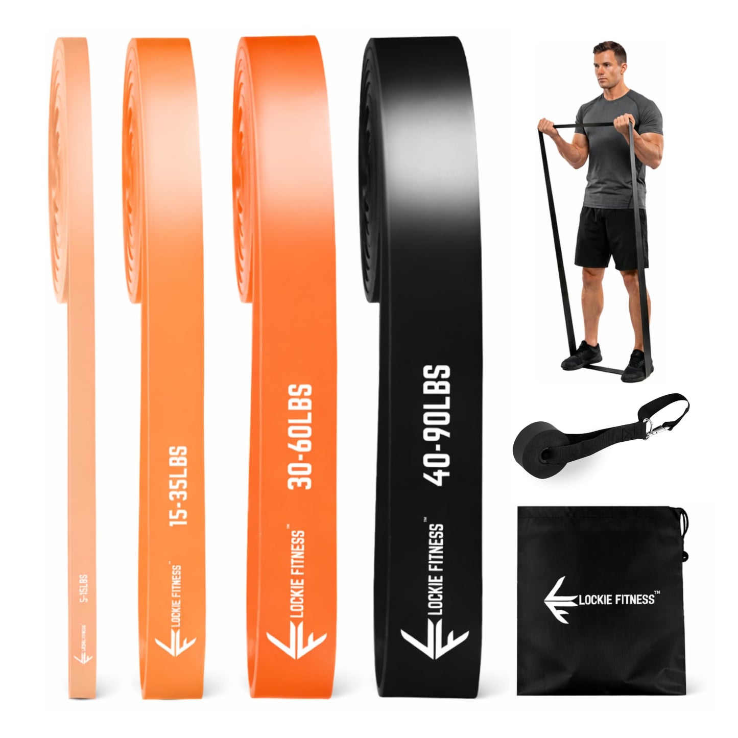 Lockie Fitness Resistance Bands for Pull Up Training, Strength Training and Stretching, Long TPE Exercise Loops, Home Gym Set with Door Anchor and Carry Bag (Pack of 4)