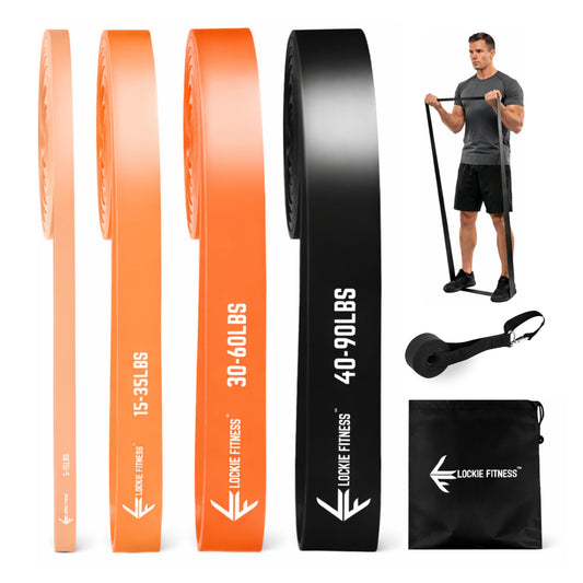 Lockie Fitness Resistance Bands for Pull Up Training, Strength Training and Stretching, Long TPE Exercise Loops, Home Gym Set with Door Anchor and Carry Bag (Pack of 4)