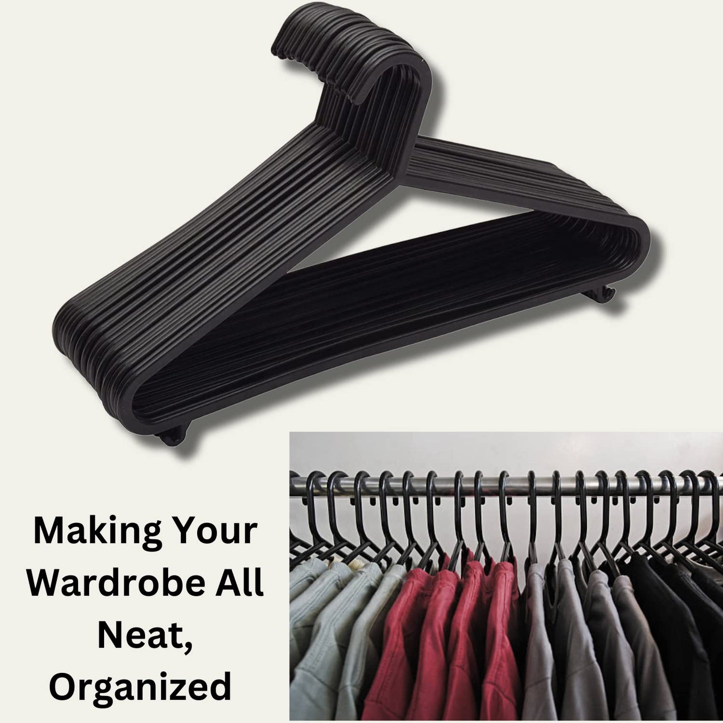 STRAAME Black Plastic Hangers with Hooks - Premium Adult Clothes Hangers - Thick, Strong & Space Saving - Pack of 50