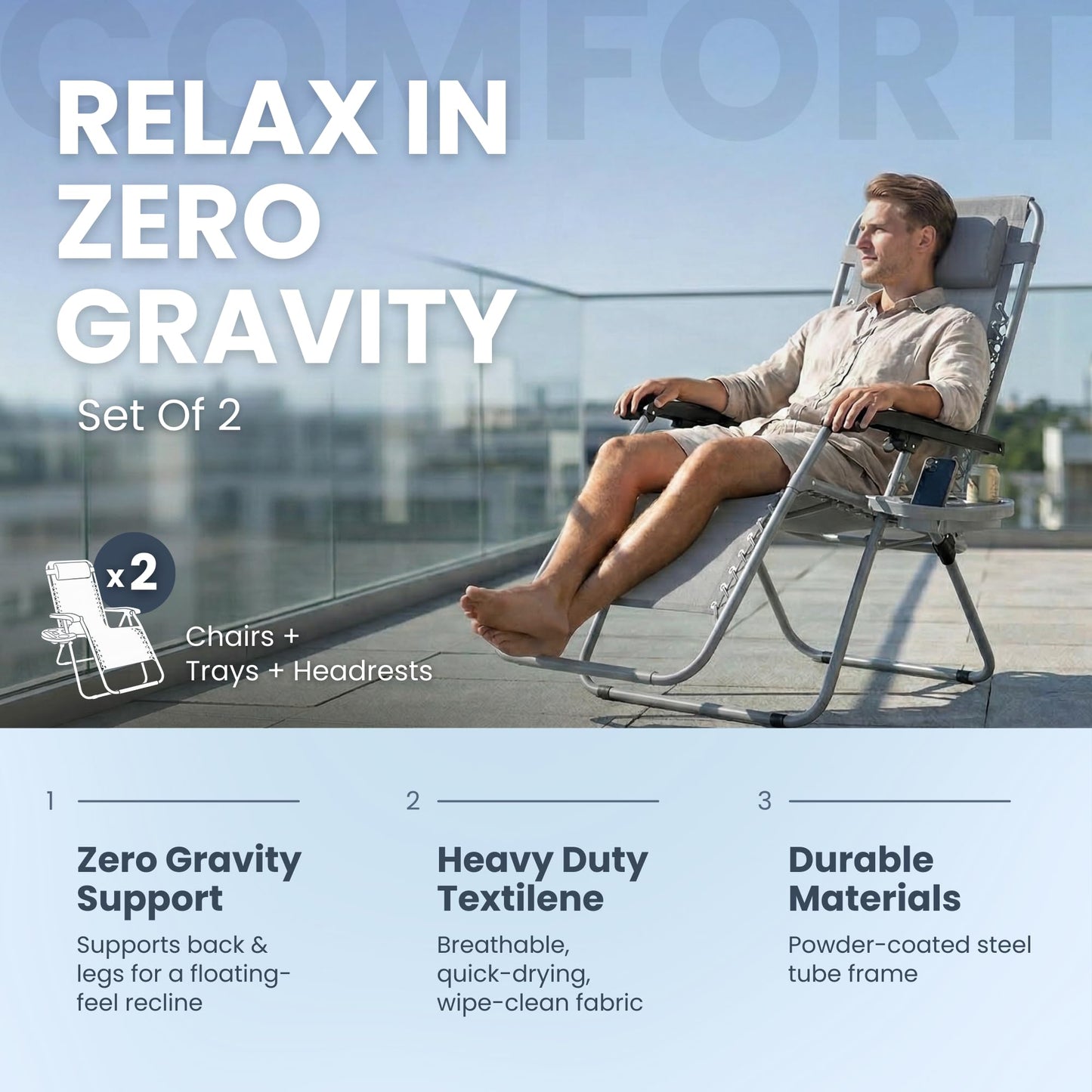 Straame Zero Gravity Chairs Set of 2,Folding Reclining Garden Chairs, Textilene Outdoor Chair, Lockable 170° Sun Loungers for Garden, Steel Frame, 150 kg Max Load(Classic, Silver Grey)