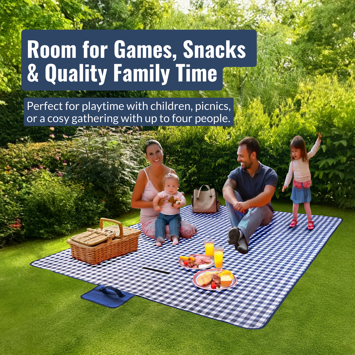 Straame Waterproof Picnic Blanket – Large 200x140cm Foldable Outdoor Blanket with Carry Handle – Ideal for Camping, Beach, Garden & Festivals – Timeless Gingham Design (Blue)