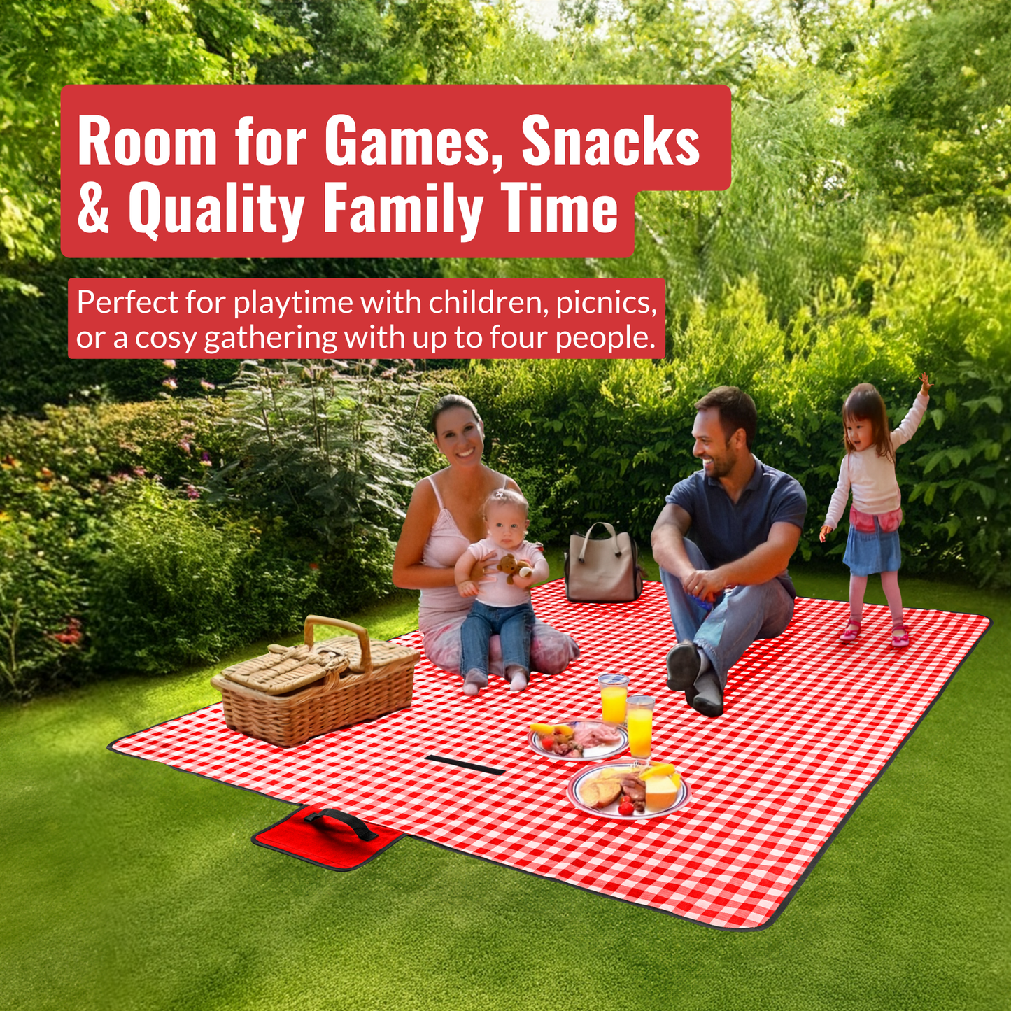 Straame Waterproof Picnic Blanket – Large 200x140cm Foldable Outdoor Blanket with Carry Handle – Ideal for Camping, Beach, Garden & Festivals – Timeless Gingham Design (Red)