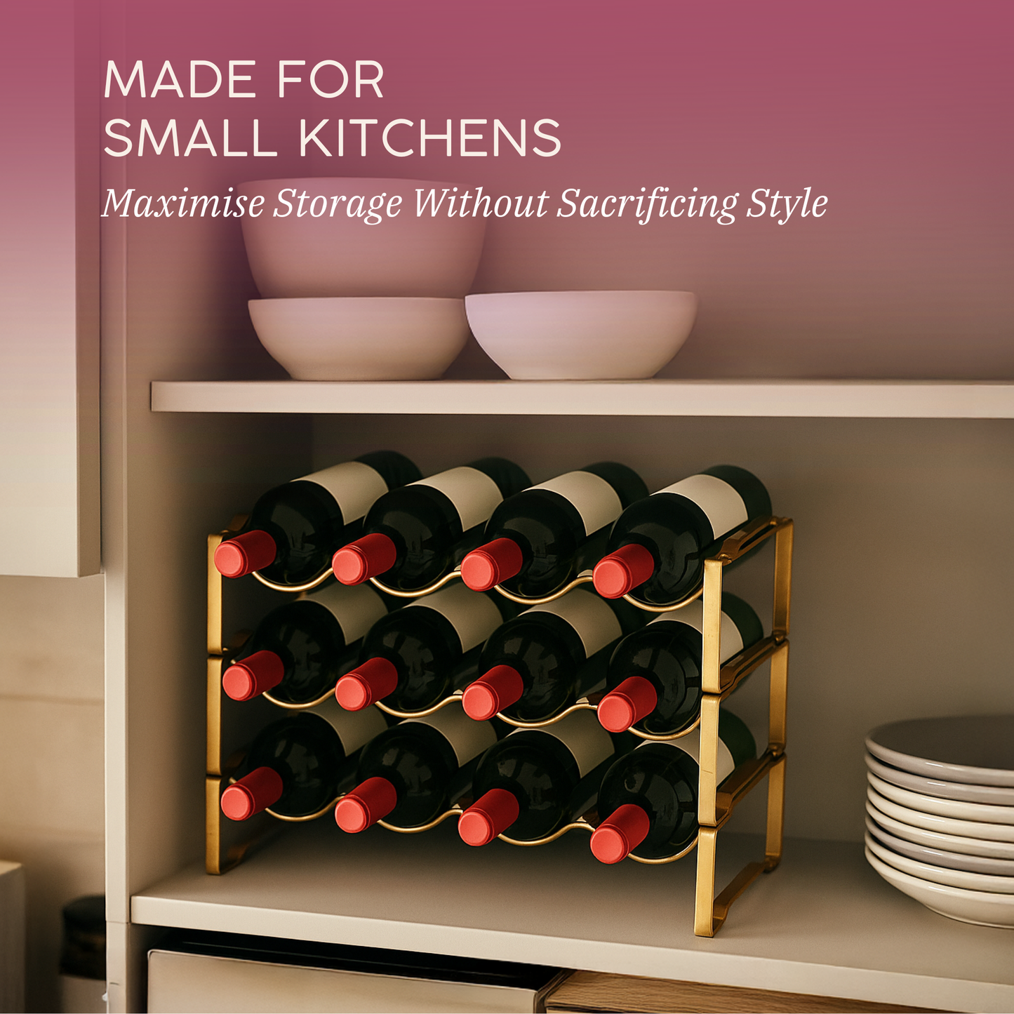 Straame 3 Tier Metal Wine Rack – Stackable Bottle Rack for Wine Storage – Wine Racks Free Standing Organiser for Countertop, Shelf or Cupboard – Modular Wire Rack Holder – Modern Design (Gold)