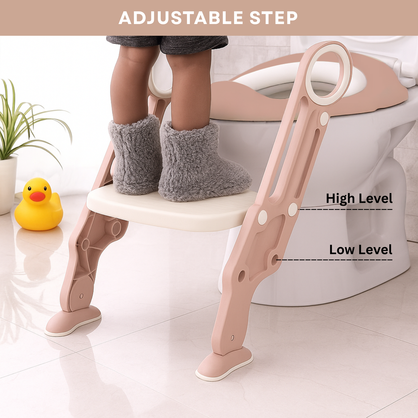 Straame Toddler Toilet Ladder Seat - Adjustable Potty-Training Seat, Soft Cushion Seat and Anti-Slip Steps Design - Easy to Install Portable Children Potty Training Chair (White-Pink)