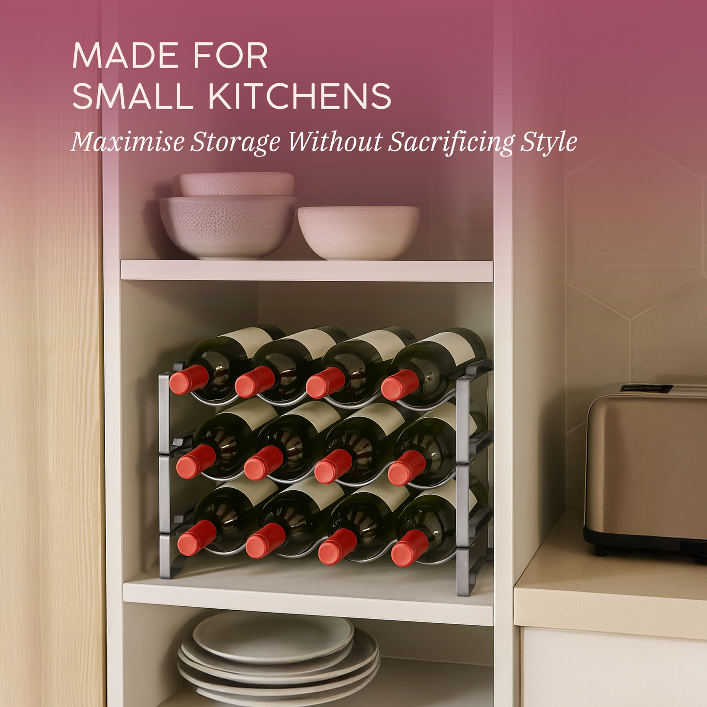 Straame 3 Tier Metal Wine Rack – Stackable Bottle Rack for Wine Storage – Wine Racks Free Standing Organiser for Countertop, Shelf or Cupboard – Modular Wire Rack Holder – Modern Design (Silver)