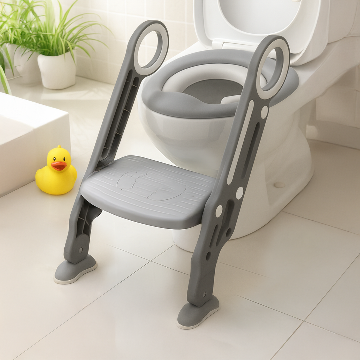 Straame Toddler Toilet Ladder Seat - Adjustable Potty-Training Seat, Soft Cushion Seat and Anti-Slip Steps Design - Easy to Install Portable Children Potty Training Chair (Grey-White)