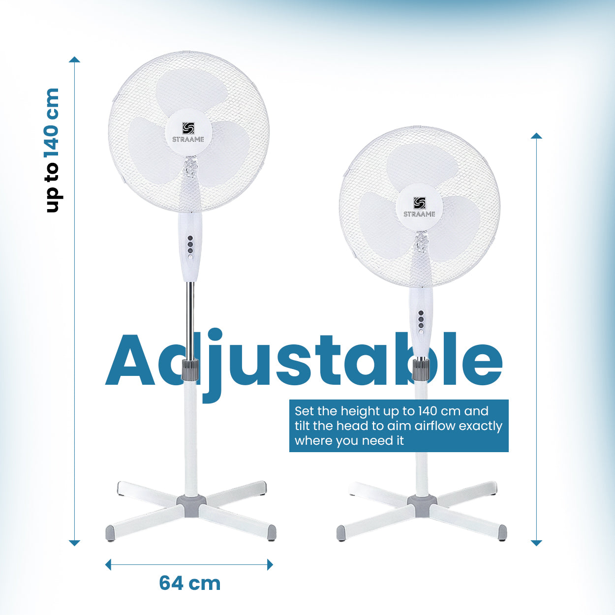 Straame 16 Inch White Pedestal Fan, Quiet Standing Fan, High Performance Fan, Adjustable Height up to 140 cm, 3 Speed Settings, Tilting Head, Low Energy 45W Cooling Fans for Houses and Offices