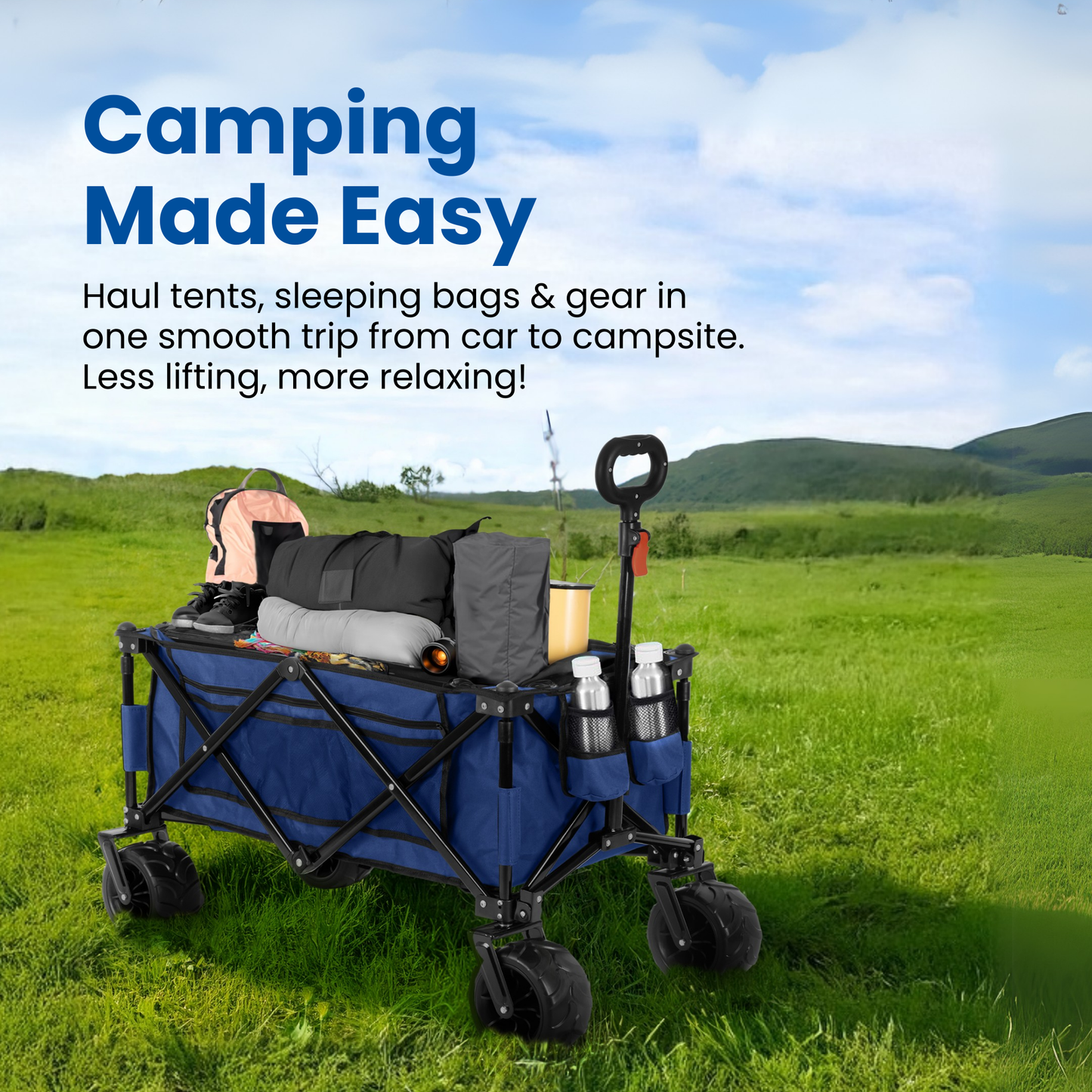 Straame Foldable Trolley Cart – 135L, 100kg Capacity Pull-Along Camping Wagon for Beach, Garden & Festivals – All-Terrain Festival Trolley with Adjustable Handle & 360° Swivel Wheels (Navy)