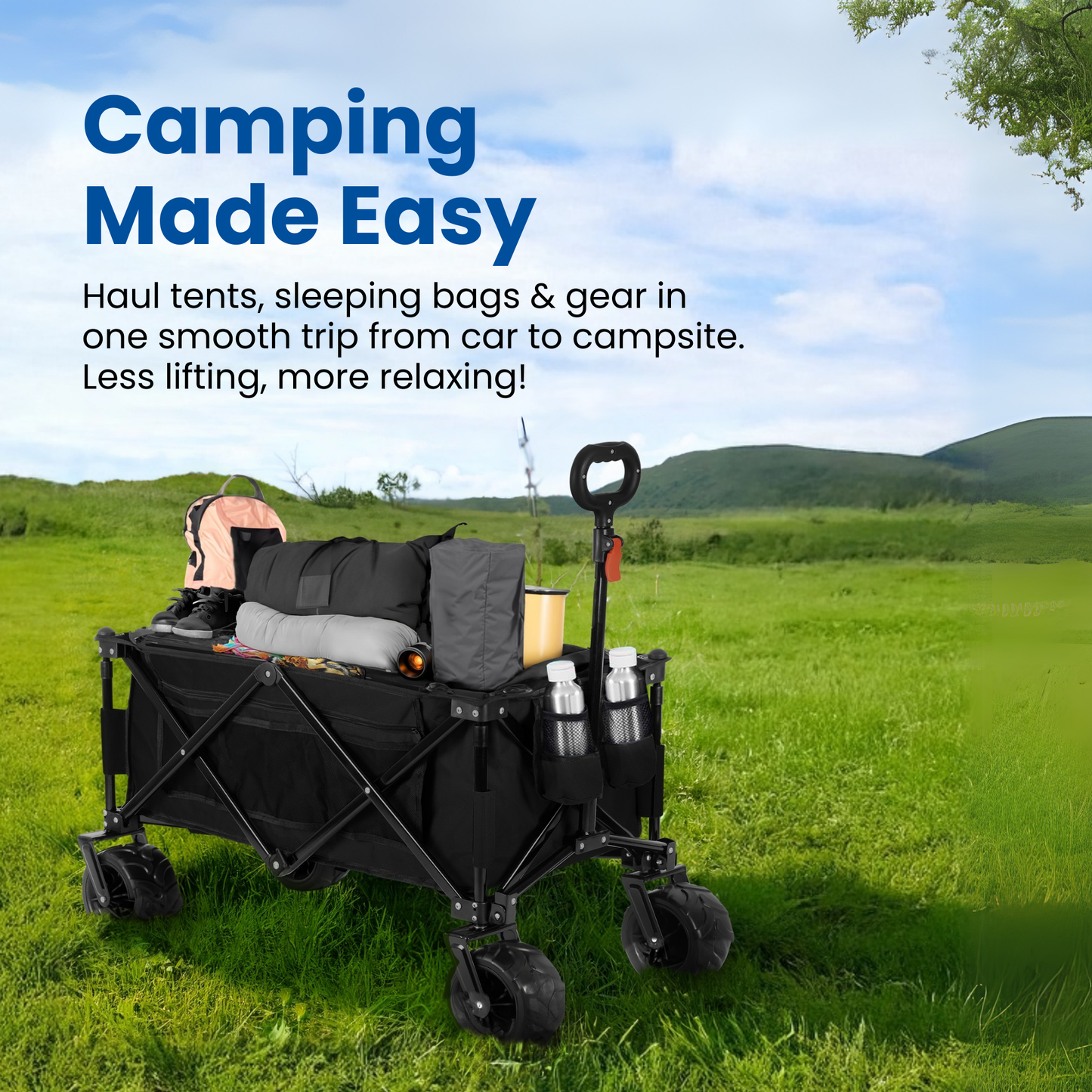 Straame Foldable Trolley Cart – 135L, 100kg Capacity Pull-Along Camping Wagon for Beach, Garden & Festivals – All-Terrain Festival Trolley with Adjustable Handle & 360° Swivel Wheels (Black)