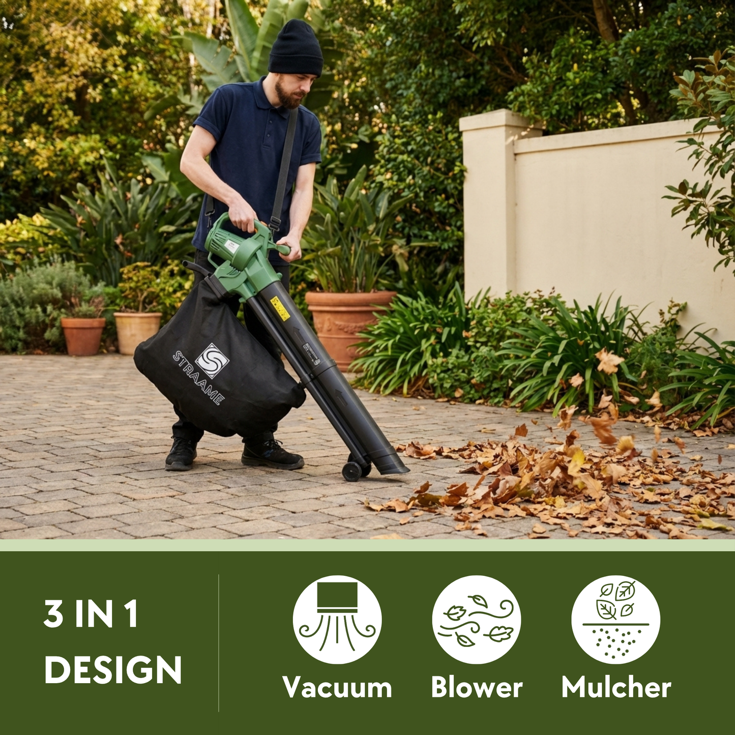Straame 3-in-1 Leaf Blower and Vacuum 3500W, Garden Vacuum, Blower and Mulcher, Clears Lawns, Patios and Driveways, Extra-Large 45L Collection Bag, 10m Cable, Shoulder Strap and Wheels