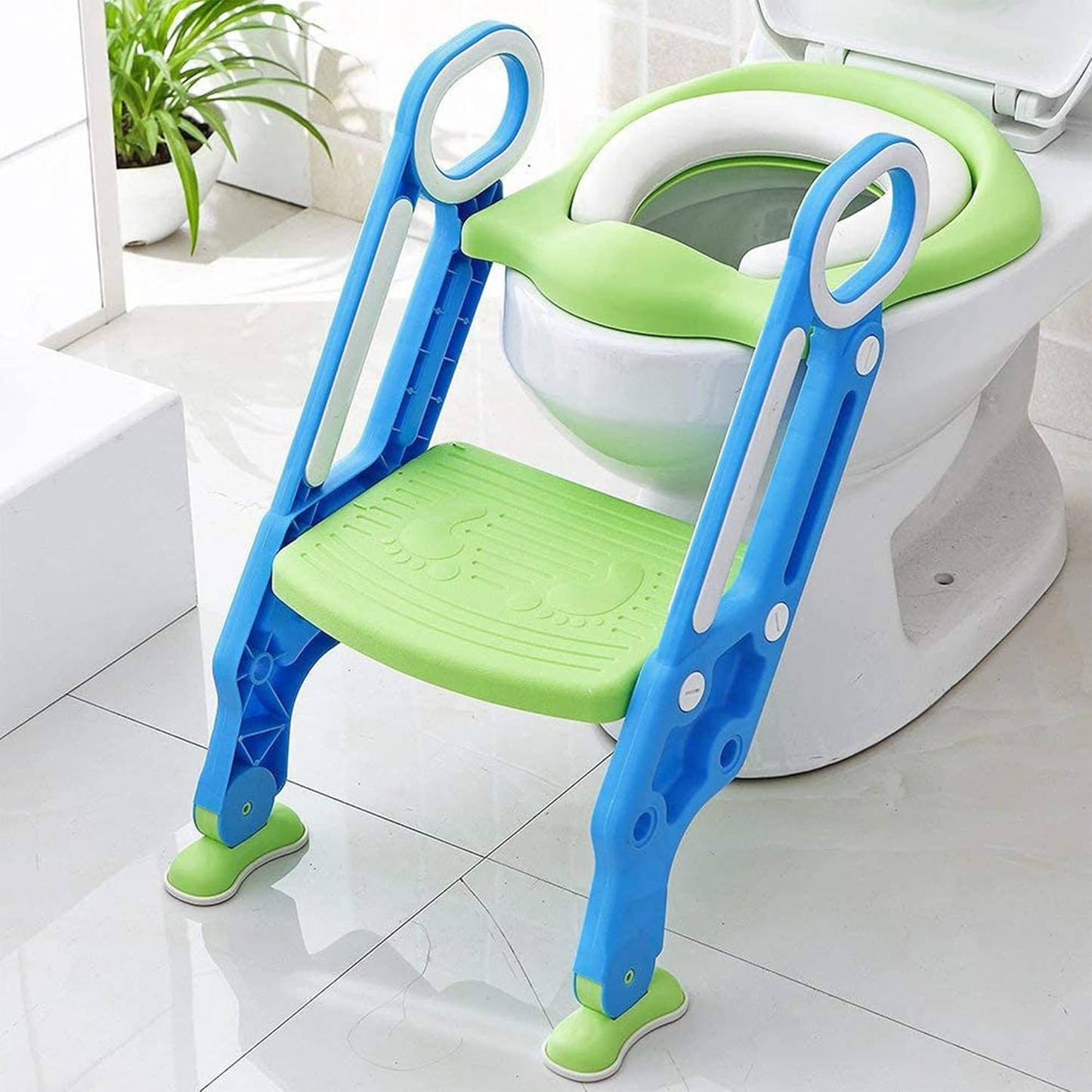 Straame Toddler Toilet Ladder Seat - Adjustable Potty-Training Seat, Soft Cushion Seat and Anti-Slip Steps Design - Easy to Install Portable Children Potty Training Chair (Green-Blue)