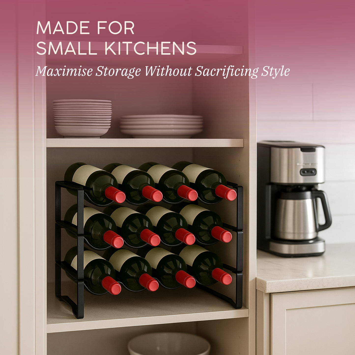Straame 3 Tier Metal Wine Rack – Stackable Bottle Rack for Wine Storage – Wine Racks Free Standing Organiser for Countertop, Shelf or Cupboard – Modular Wire Rack Holder – Modern Design (Black)
