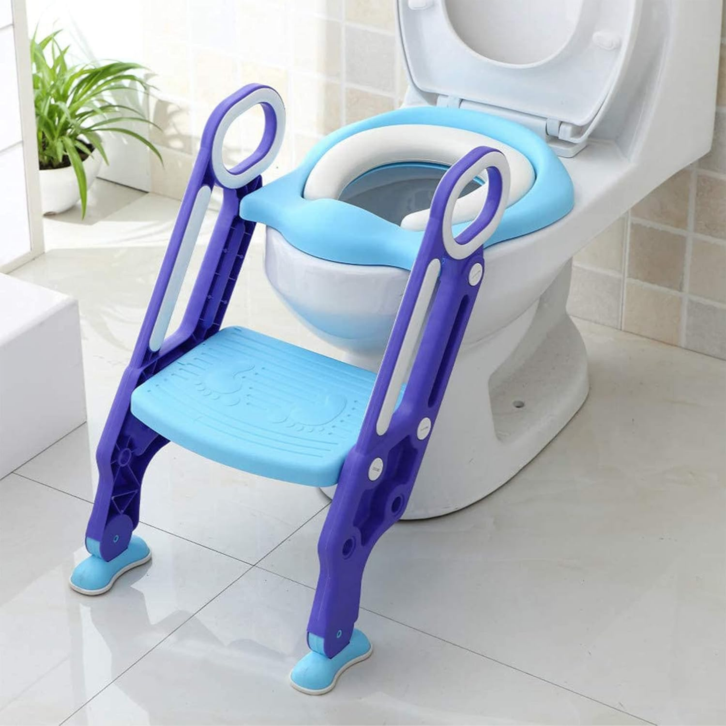 Straame Toddler Toilet Ladder Seat - Adjustable Potty-Training Seat, Soft Cushion Seat and Anti-Slip Steps Design - Easy to Install Portable Children Potty Training Chair (Blue-Purple)