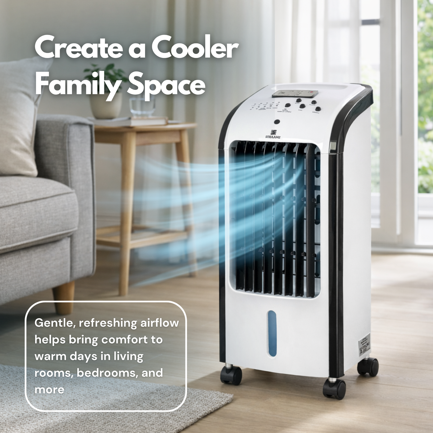 Straame Evaporative Air Cooler with Humidifier, 4L Detachable Tank, Remote Control, 2 Ice Packs, 3 Speeds, 7.5 Hour Timer, Portable Air Cooler for Bedroom, Room Cooler with Auto Swing & Caster Wheels