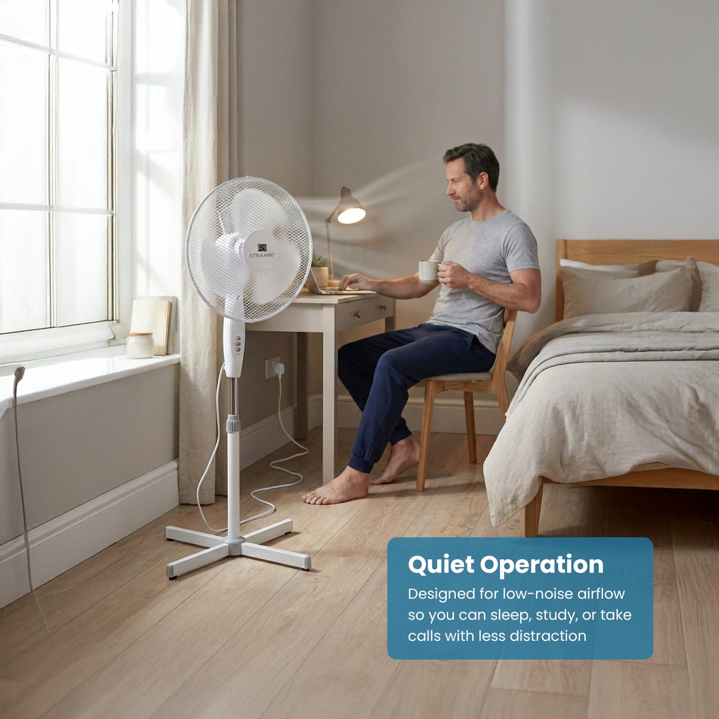 Straame 16 Inch White Pedestal Fan, Quiet Standing Fan, High Performance Fan, Adjustable Height up to 140 cm, 3 Speed Settings, Tilting Head, Low Energy 45W Cooling Fans for Houses and Offices