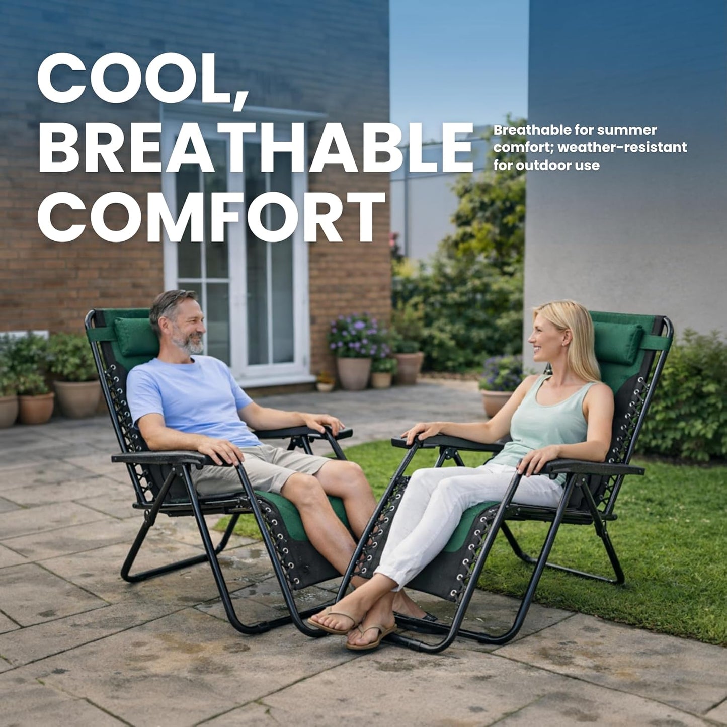 Straame XXL Padded Zero Gravity Chairs Set of 2, Folding Reclining Garden Chairs with Cup Holder Tray, Camping Chair Sun Loungers, Lockable 160° Patio Recliners with Adjustable Headrest (Padded, Green)