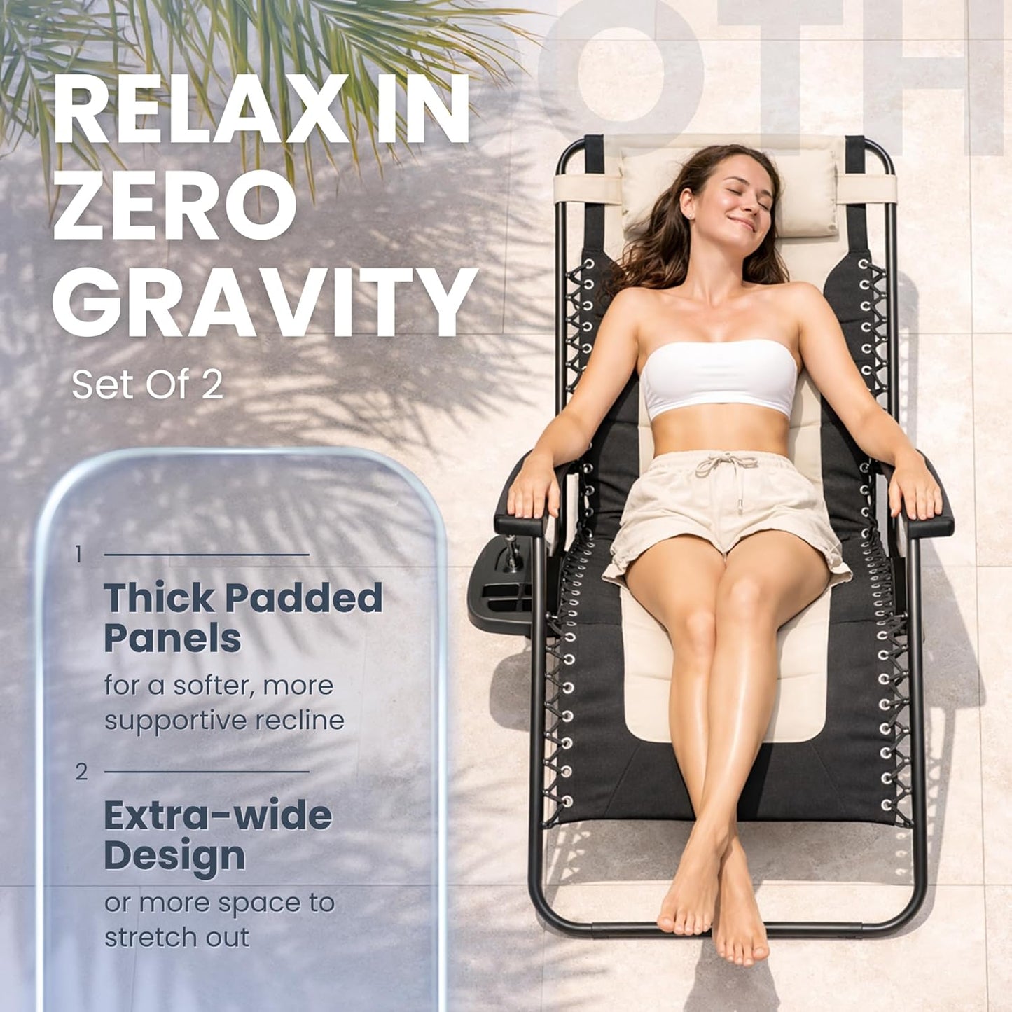 Straame XXL Padded Zero Gravity Chairs Set of 2, Folding Reclining Garden Chairs with Cup Holder Tray, Camping Chair Sun Loungers, Lockable 160° Patio Recliners with Adjustable Headrest(Padded, Cream)