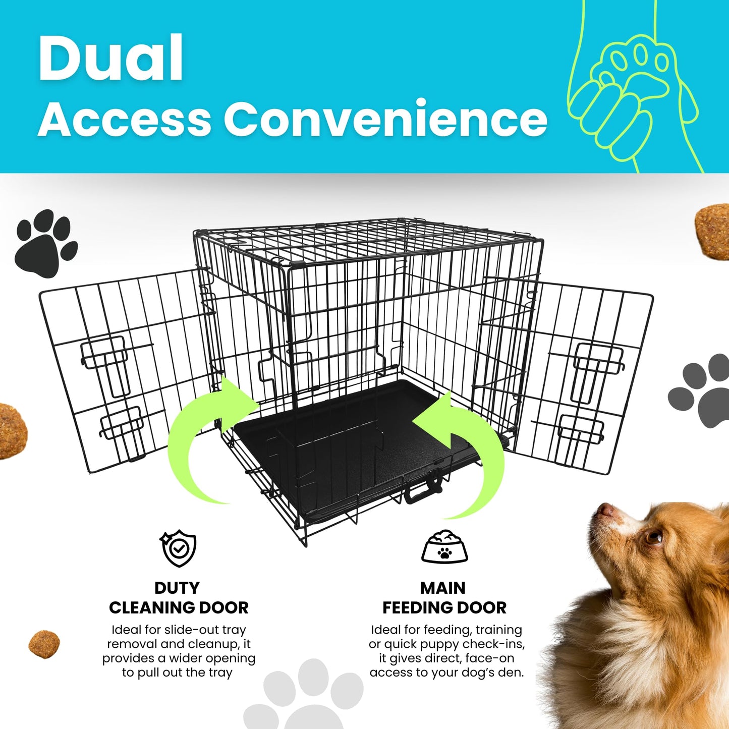 Straame Heavy-Duty Folding Dog Crate 24 inch for Small Dogs, 60 x 40 x 50 cm Black Metal Wire Pet Cage with 2 Doors, Secure Sliding Latches, Removable Leak-Proof Tray, Carry Handle, Fold-Flat Design