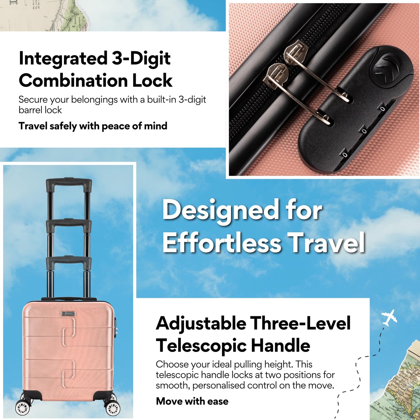WORLD EXPLORER Cabin Suitcase ABS Hard Shell 360° Spinner Wheels & Com-bination Lock Lightweight 30L Underseat Cabin Luggage and Suitcase EasyJet Per-sonal Item Travel Bag (Rose Gold, 45x35x20 CM)