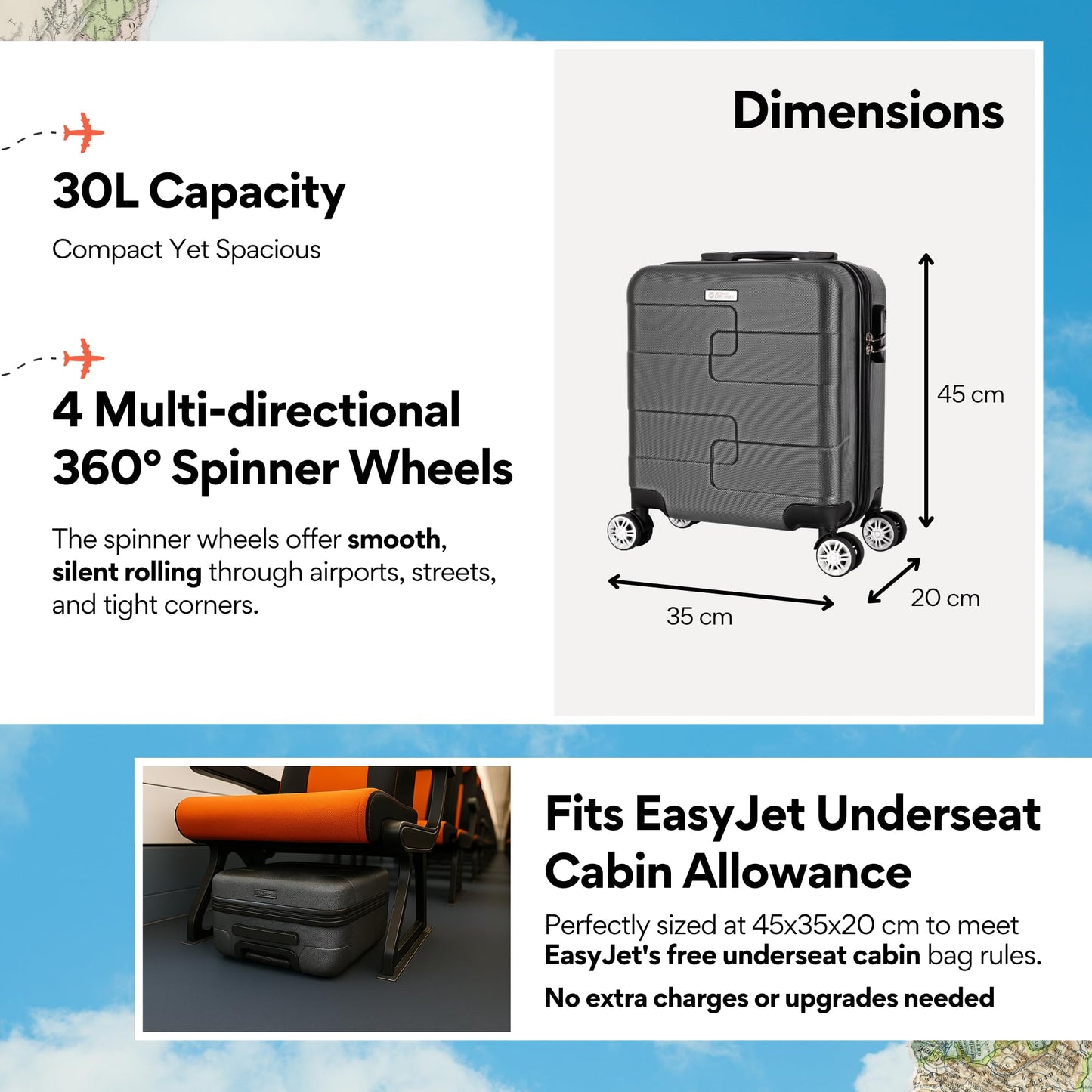 WORLD EXPLORER Cabin Suitcase ABS Hard Shell 360° Spinner Wheels & Com-bination Lock Lightweight 30L Underseat Cabin Luggage and Suitcase EasyJet Per-sonal Item Travel Bag (Dark Grey, 45x35x20 CM)
